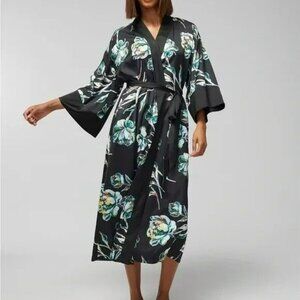 SOMA Satin Kimono Robe Impressions Floral Black Midi Wide Flowy Sleeves Sz S/M